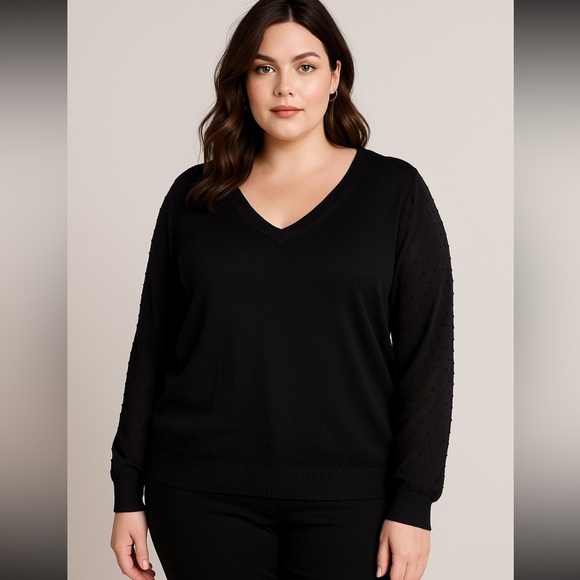 Adrianna Papell Women’s V-neck Pullover Black Textured Sleeves Sweater 2X - Picture 1 of 10